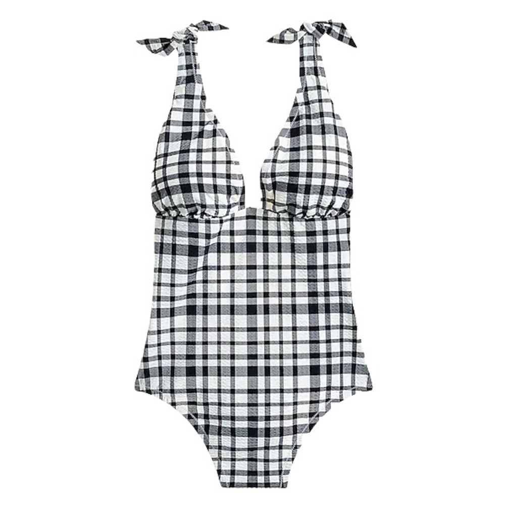 NEW J. Crew Tie-shoulder One-piece Swimsuit Navy White Marine Plaid Seersucker 6 - Picture 14 of 14